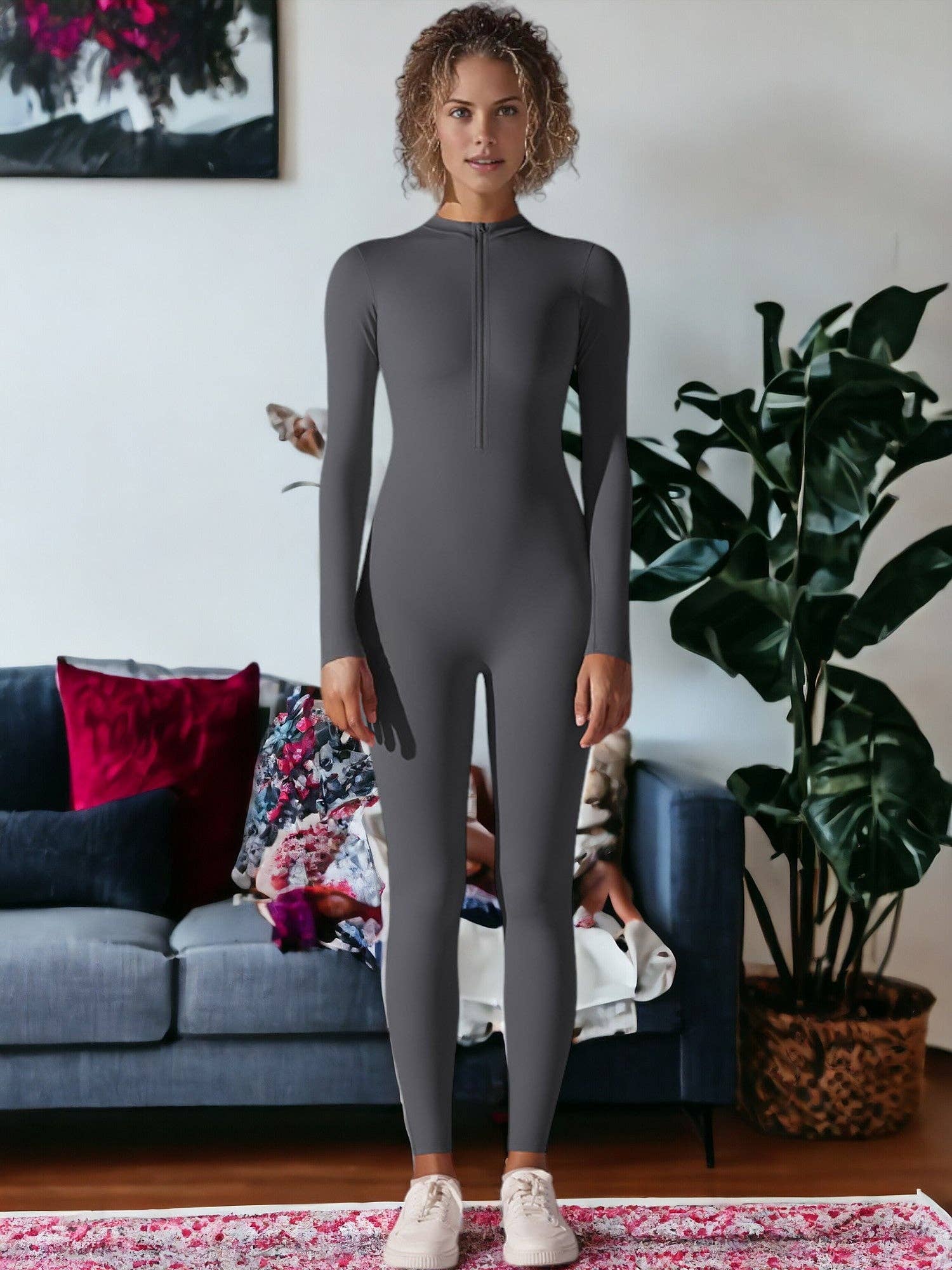 Active by Anna-Kaci - Wholesale Unitard - Women's - Long Sleeved Half-Zip One Piece Yoga Jumpsuit9