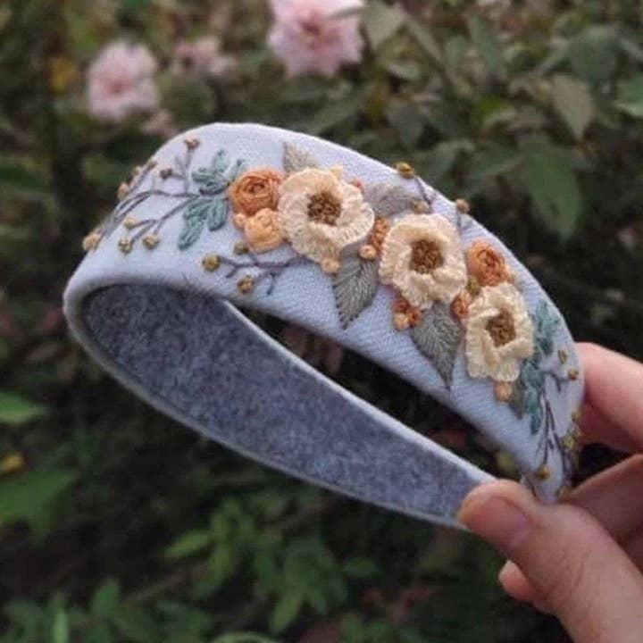 Light Blue Wide Headband With Yellow Flower Embroidery✅ for wholesale by Quince Fables