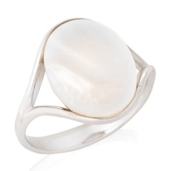 Ring with natural white mother-of-pearl, in rhodium-plated sterling silver for wholesale by OPALOOK France