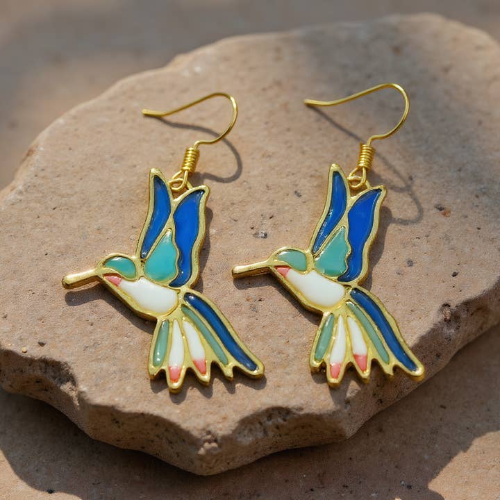 Revelari - Wholesale Dangle Earrings - Gold Hummingbird Earrings with Stained Glass
