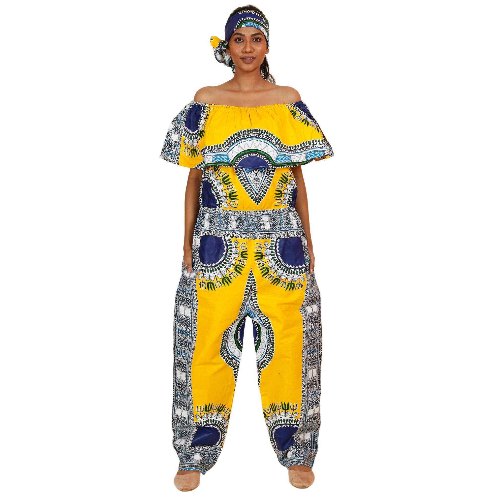 African Stars - Wholesale Jumpsuit - Women's - Women's Dashiki Off Shoulder Frill Jumpsuit -- FI-3061D3