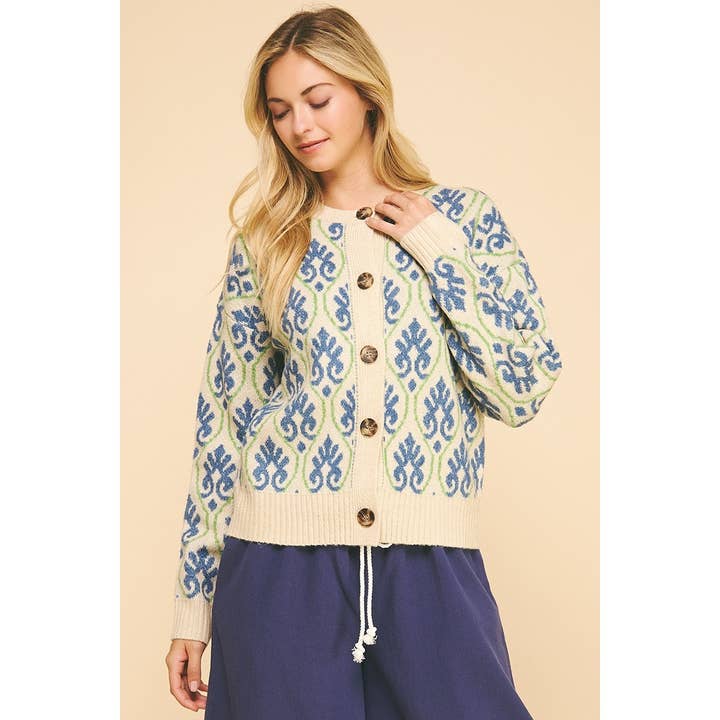 OATMEAL MULTI Cozy jacquard knit cardigan for wholesale on Faire5