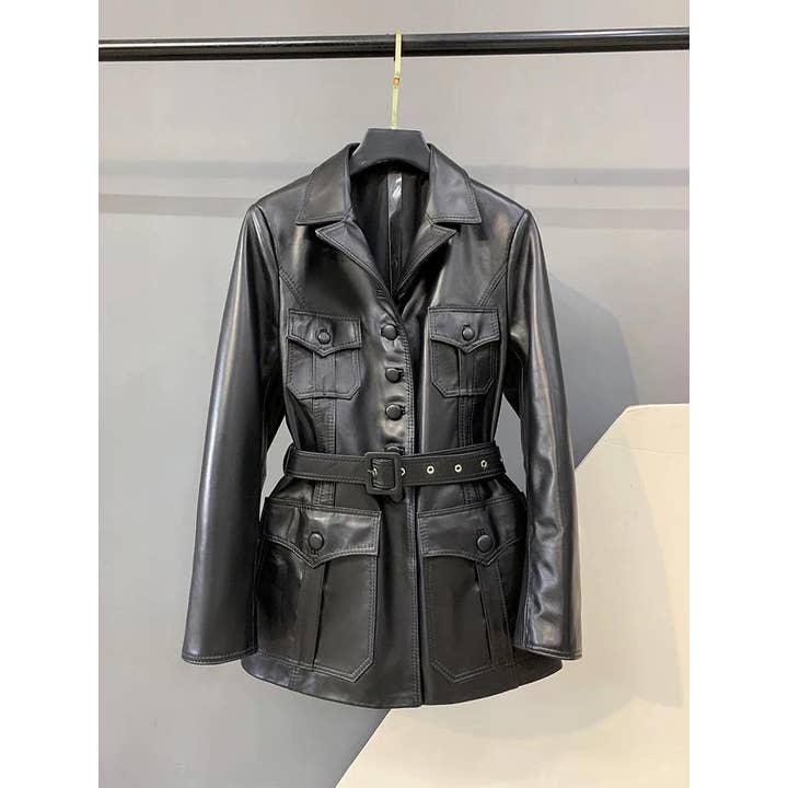 Casaco Feminino de Pele Genuína com Cinto, Ajustado e de Comprimento Médio 6L por atacado de Productseeker