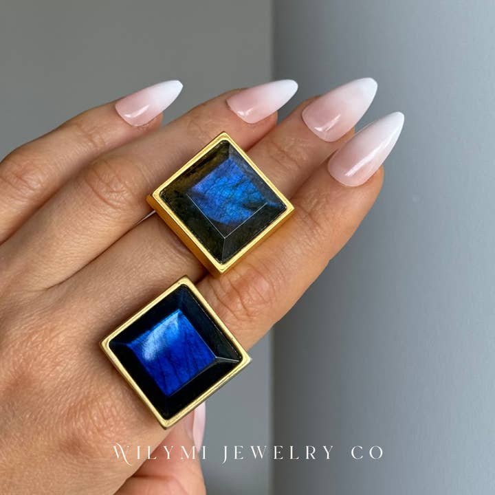 WILYMI Jewelry Co - Wholesale Cocktail/Statement Ring - PRESENCE Labradorite 20mm Square Cut | 24k GF | Adjustable1