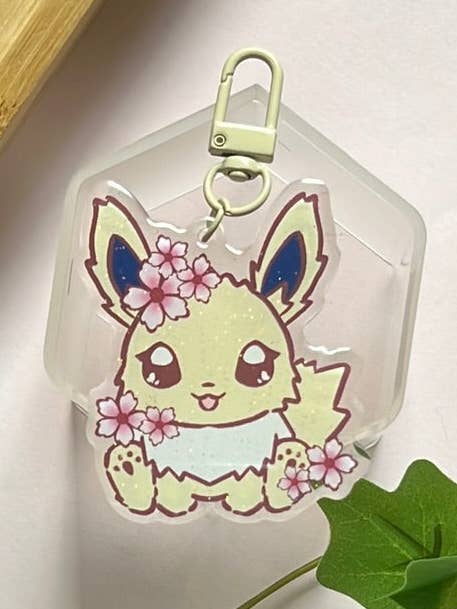 Cherry Blossoms Jolteon Double-Sided Glitter Keychain for wholesale by Peony Lee Art
