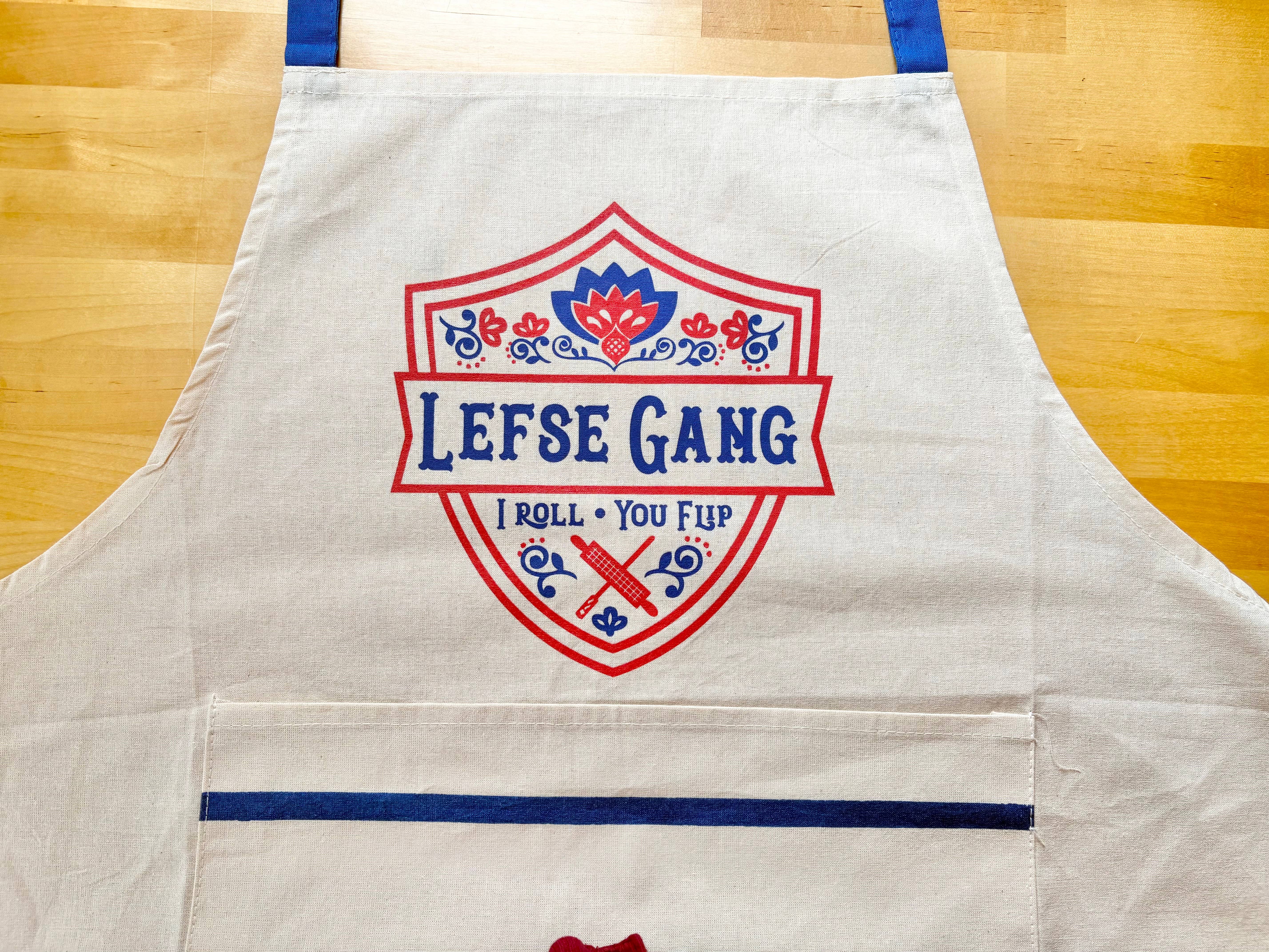Beckamade - Wholesale Apron - Apron - New Lefse Gang Blue and Red on Natural Flour Sack Cotton Apron with Pocket2