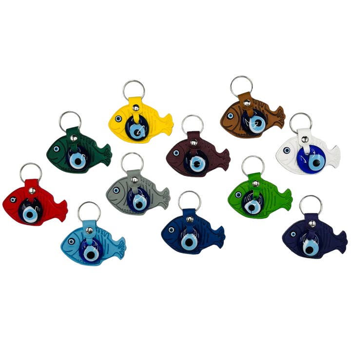 Leather Fish Evileye Keychain - Set of 11 Colors for wholesale by Loli