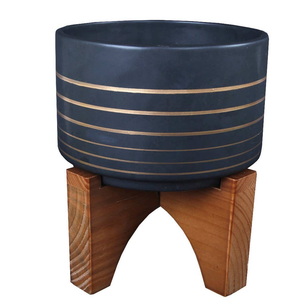 Flora Bunda Inc – Objeto de mesa decorativo por atacado – Vaso de Cerâmica com Risca e Suporte de Madeira1