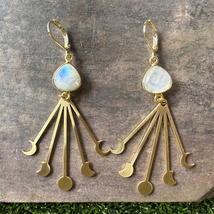 Gold Moonstone Earrings with Moon Phase Charm for wholesale by Carley King Jewels