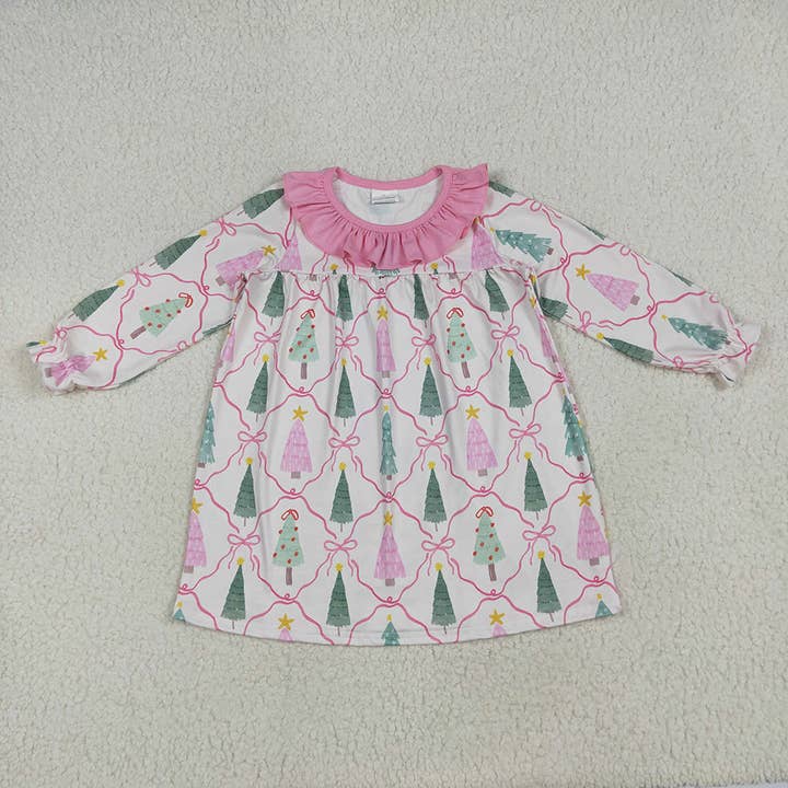 Baby Girls Pink Christmas Trees Knee Length Dresses for wholesale by Aier Wholesale