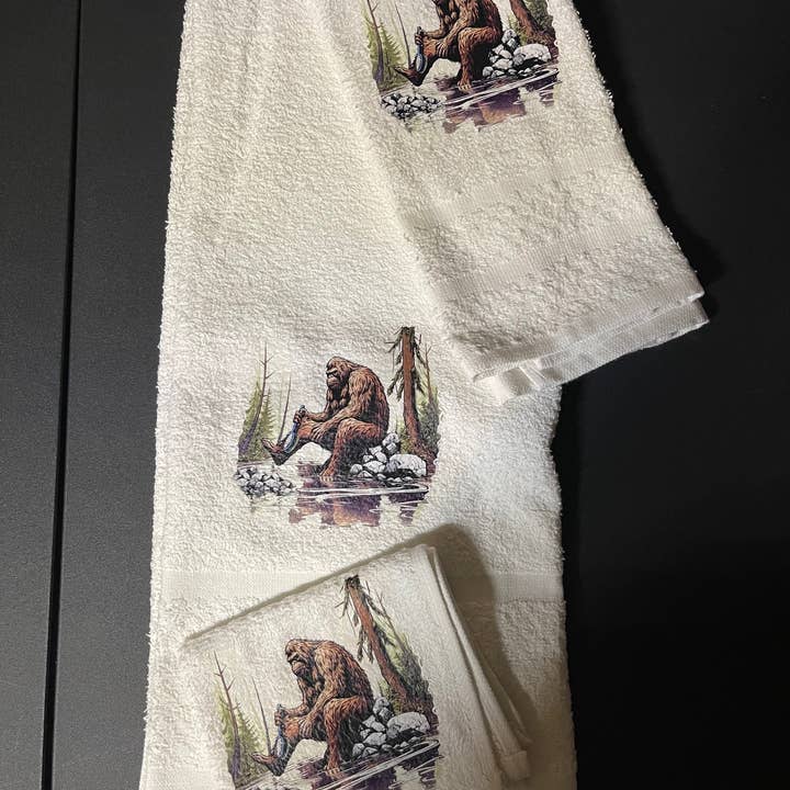 Squatchin’ Country - Wholesale Towel Set - Bathing Bigfoot wash rag, hand towel, bath towel 3 piece set1