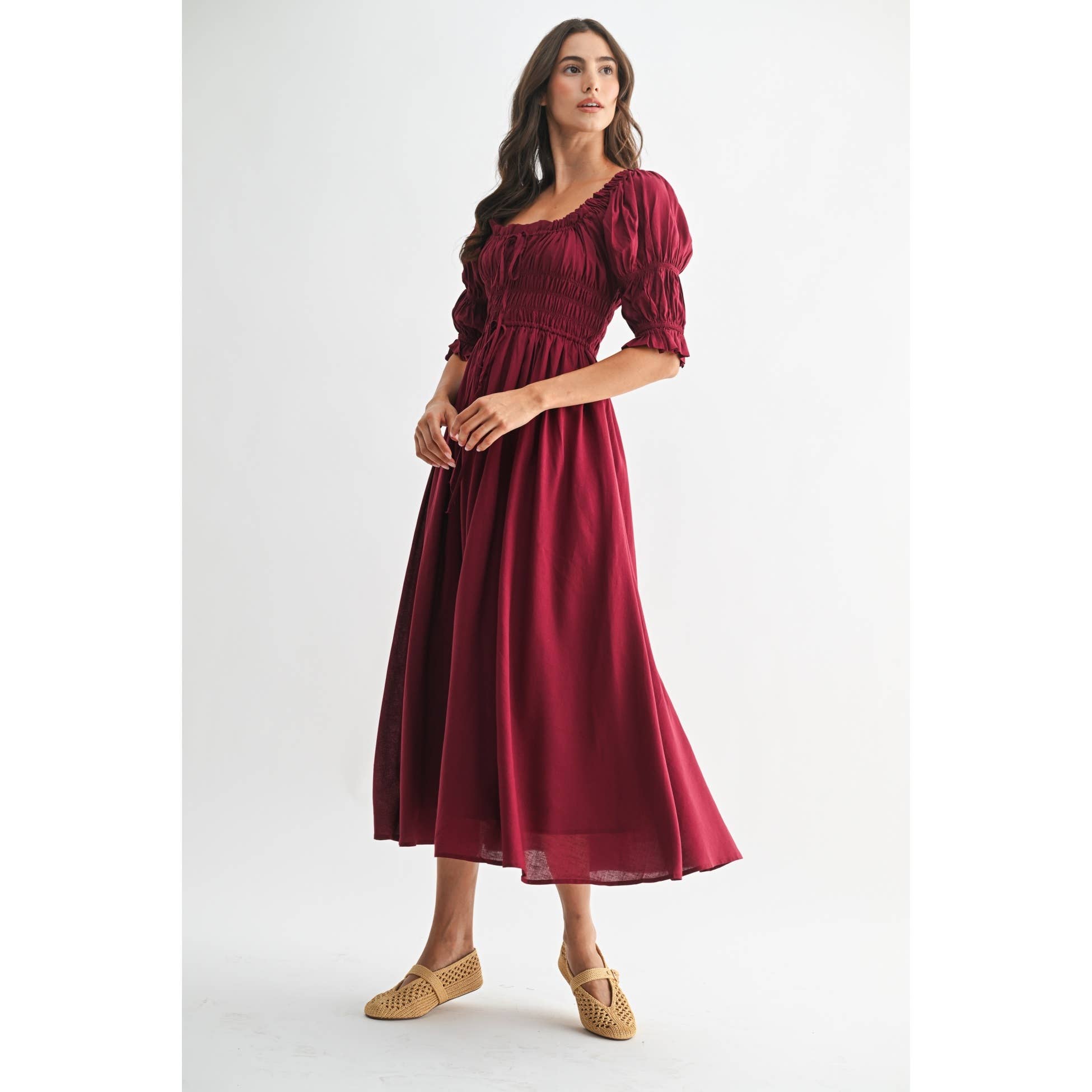 BURGUNDY OFF-SHOULDER SMOCKED MIDI DRESS WITH PLEATED SKIRT for wholesale on Faire4