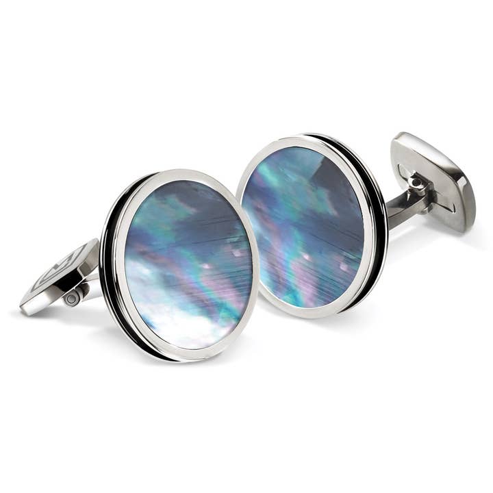 Gray Mother of Pearl Bordered Round Cufflinks for wholesale by M-Clip