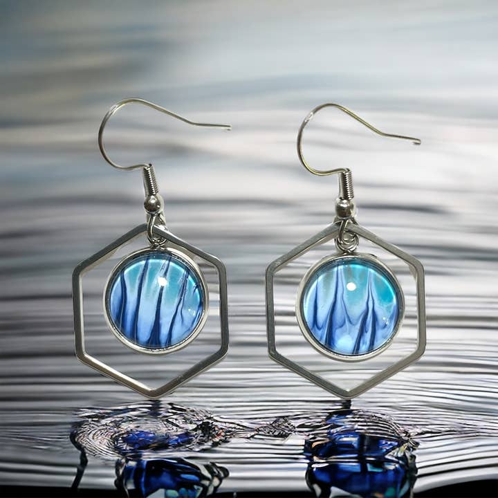 Original Artwork Hexagon Small Hanging Earrings - Silver for wholesale by Drift Away Studio