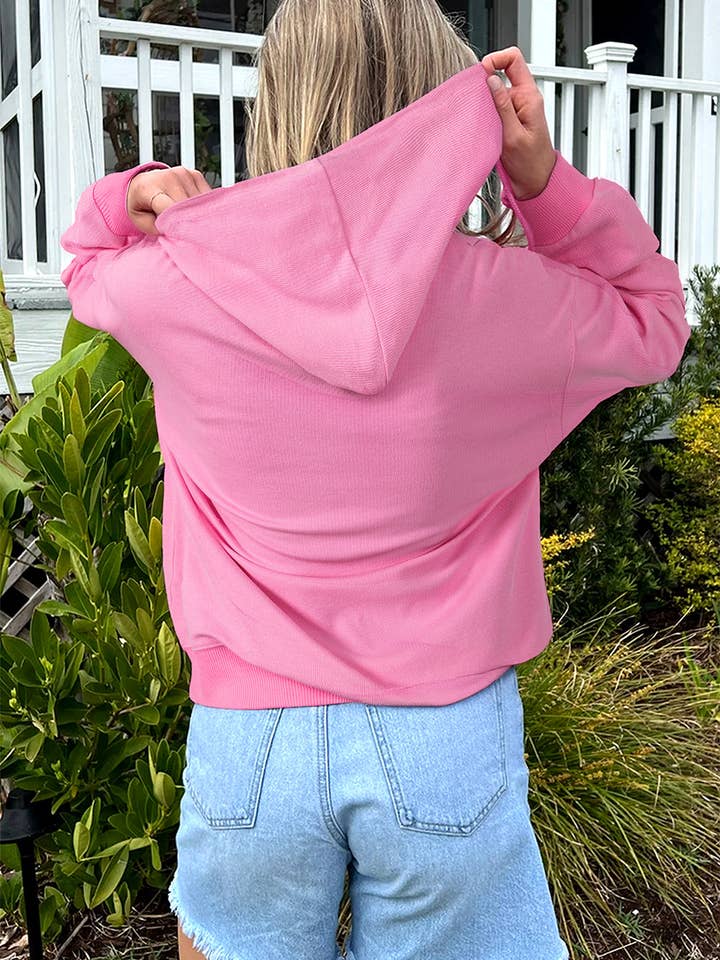 Sachet Pink Solid Color Ribbed Zip Up Drawstring Hooded Jacket for wholesale on Faire1
