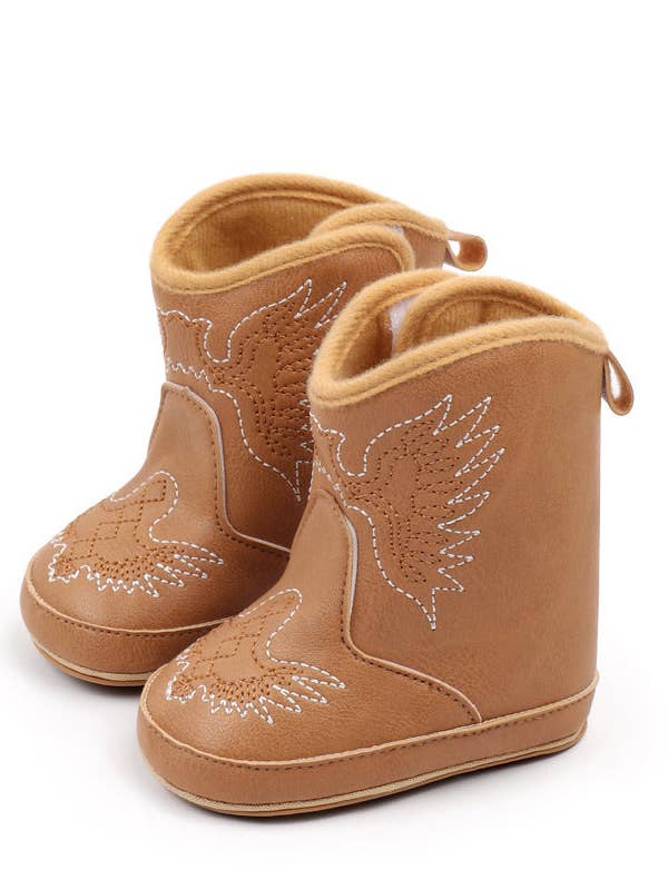 Bottes pour bébé en similicuir camel avec velcro. MY3167C pour la vente par Kids Charm Online