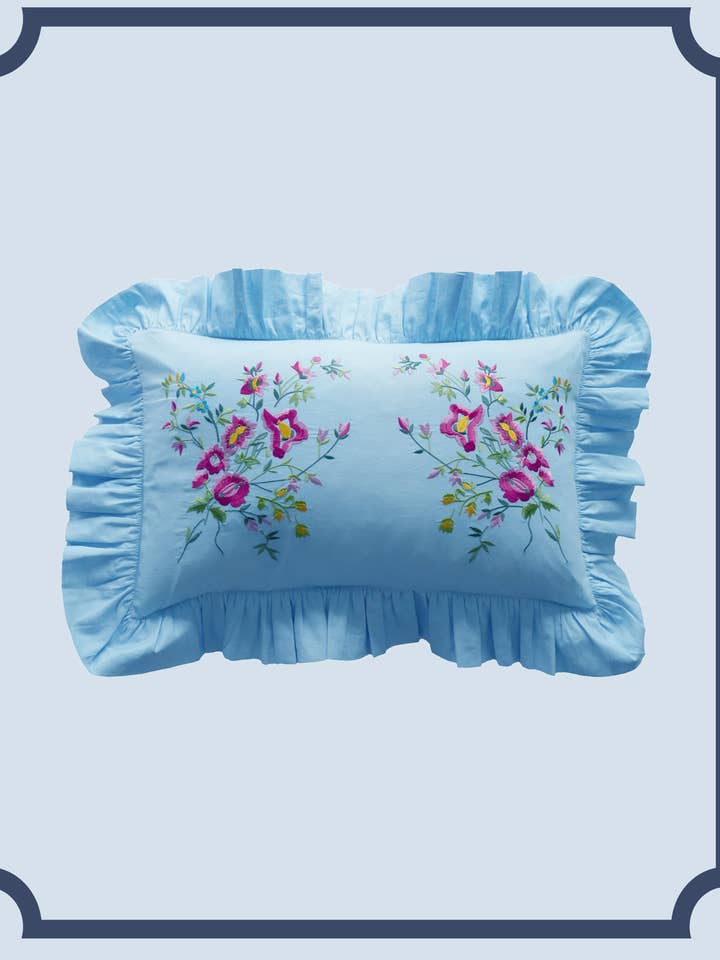 Bridgerton Ruffle-Edge Embroidered Oblong Cushion made with Linen Liberty Fabric SKY BLUE & GARDEN BLOOMS for wholesale by Coco & Wolf