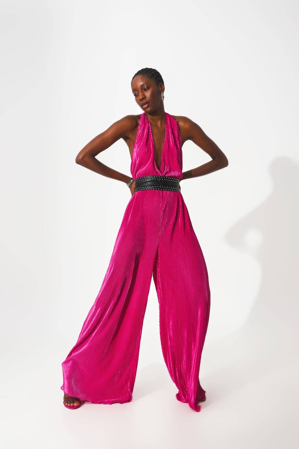 Satin halter neck pleated maxi jumpsuit in fuchsia for wholesale on Faire