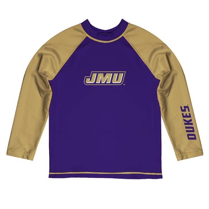 James Madison Dukes Purple Gold Long Sleeve Raglan Rashguard for wholesale by Vive La Fete