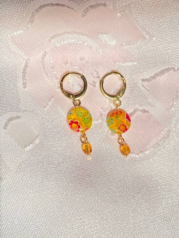 Orange Millefiori Gems Dangle Earrings with Amber Crystals for wholesale by Lil Things Shop
