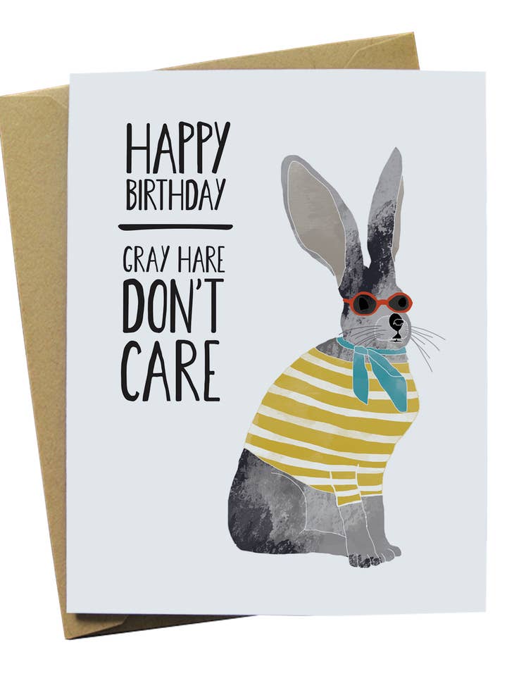 Biglietto di compleanno con lepre grigia per la vendita all'ingrosso da parte di Paper Wolf Design