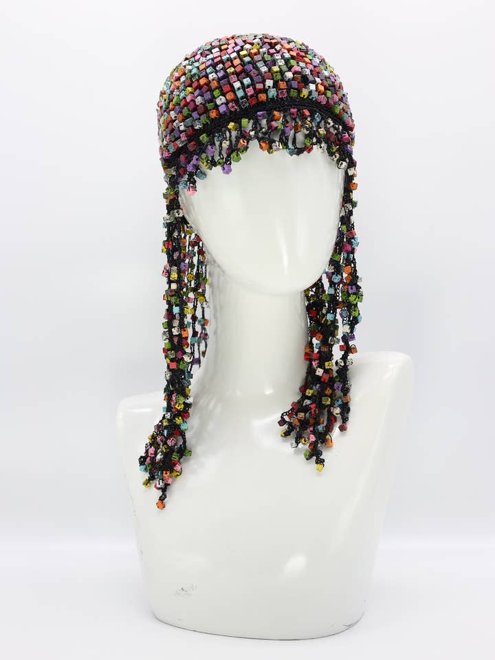 Hand Crocheted Wooden Beads Hat With Tassels Multicolour for wholesale by Jianhui London