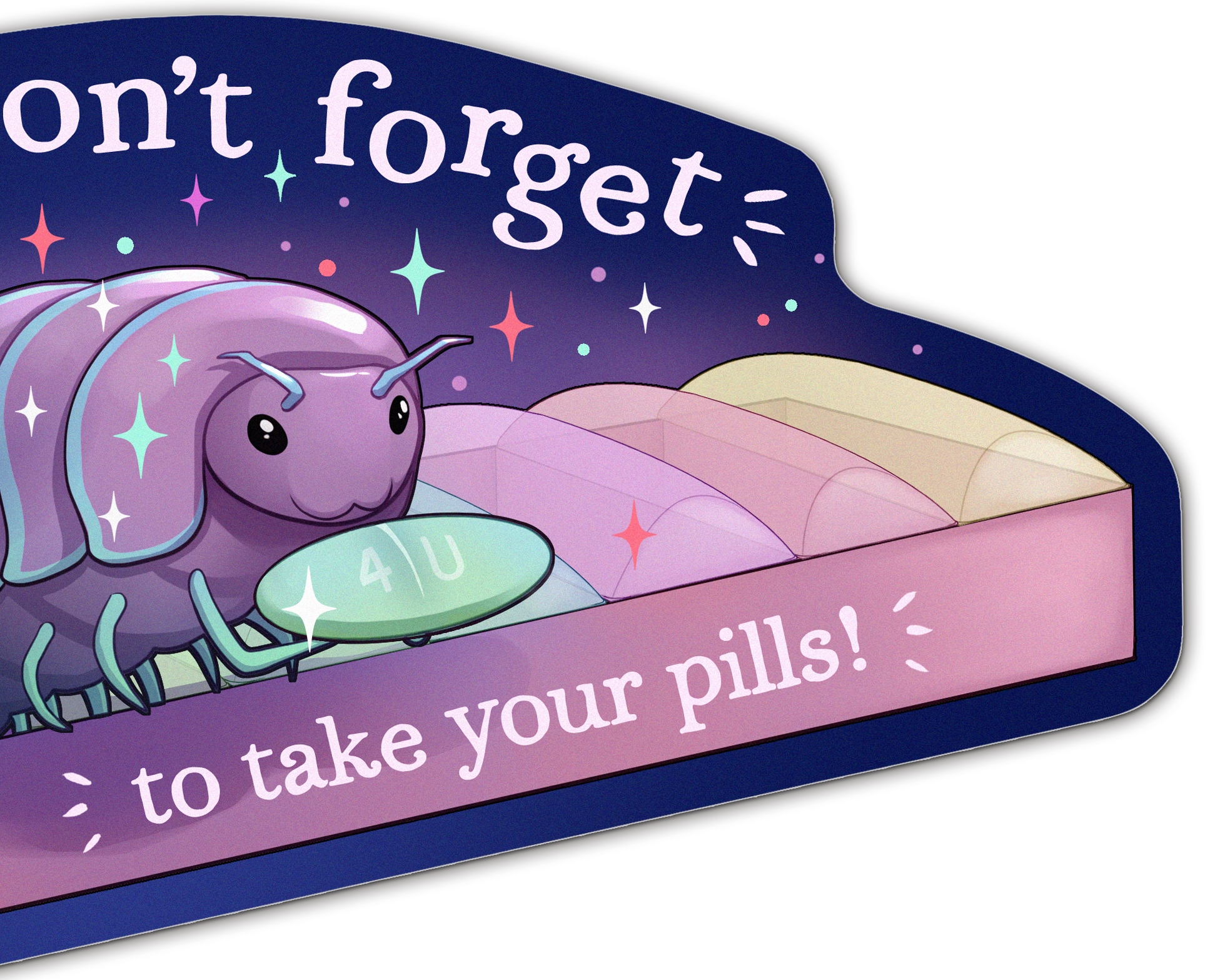 BoyPilot Goods - Wholesale Sticker - Pillbug Medication Reminder Sticker - 3" vinyl sticker2