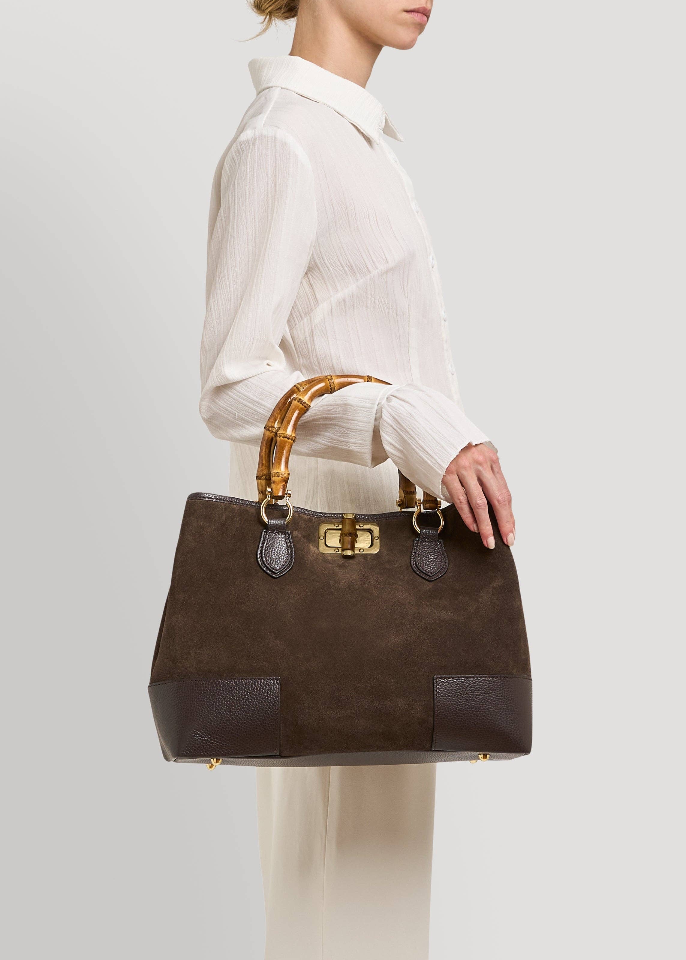 Voemièn – wholesale Top handle bag – women's – Bamboo Babe Bag in Dark Brown Suede and Leather6