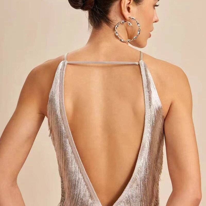 Sheer Trend - Wholesale Dress - Women's - Fringe Halter Backless Mini Dress2