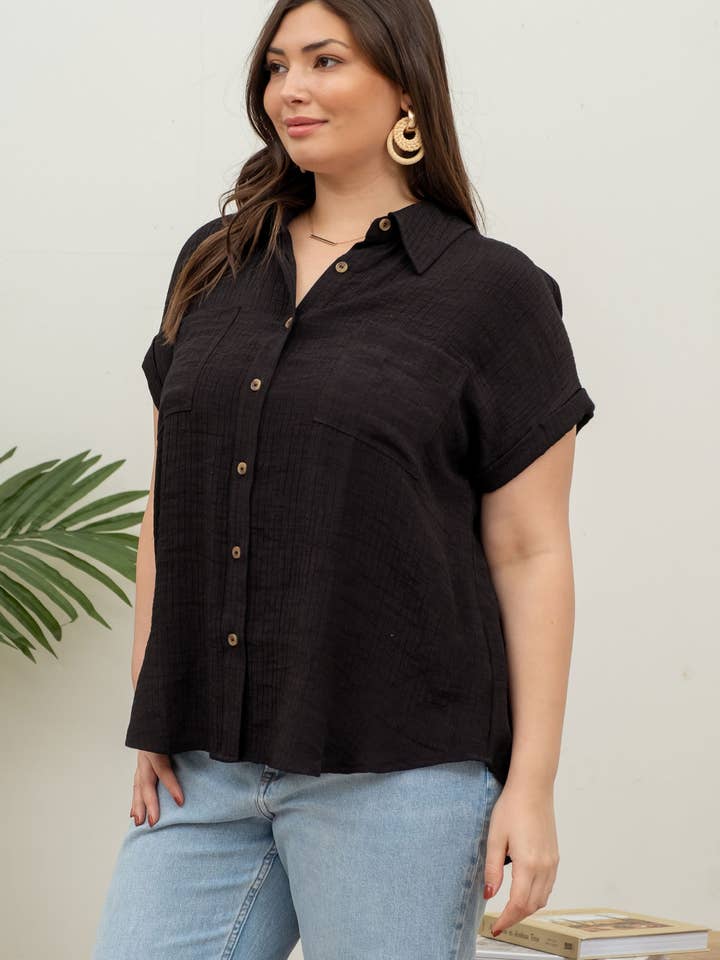 Blu Pepper - Wholesale Blouse - Women's - PLUS COLLARED CRINKLED CUFF SLEEVE BUTTON DOWN SHIRT