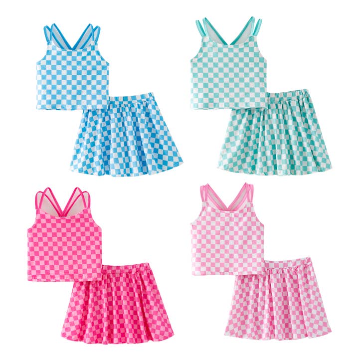 Girls Summer Muti-Colors Plaid Athletic Skirt Set for wholesale by Auraquise