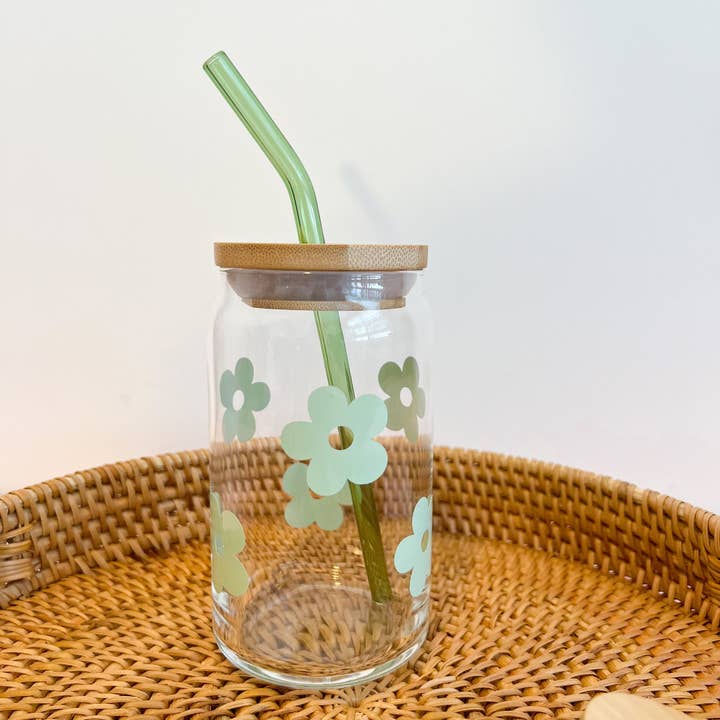 Sage Green Retro Daisy Glass Cup for wholesale by Meryum Designs