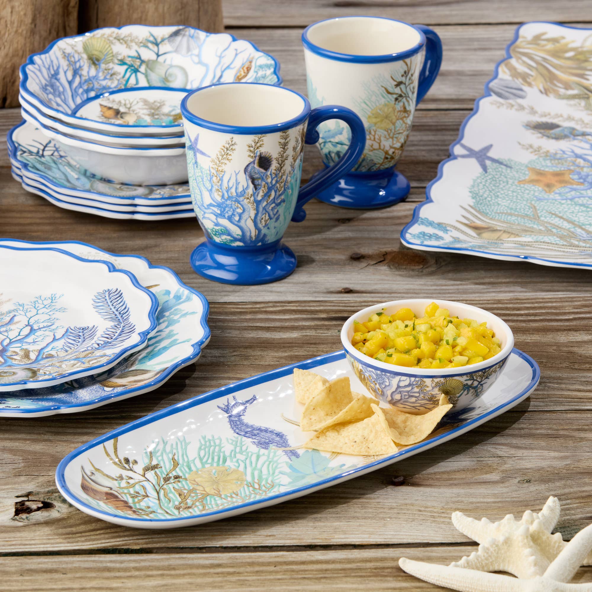 Certified International – Engroshandel Skål til krydderier/dip – Blå Lagune Ovalt Fad 15in x 6in med Dipskål 4,75in x 2in0