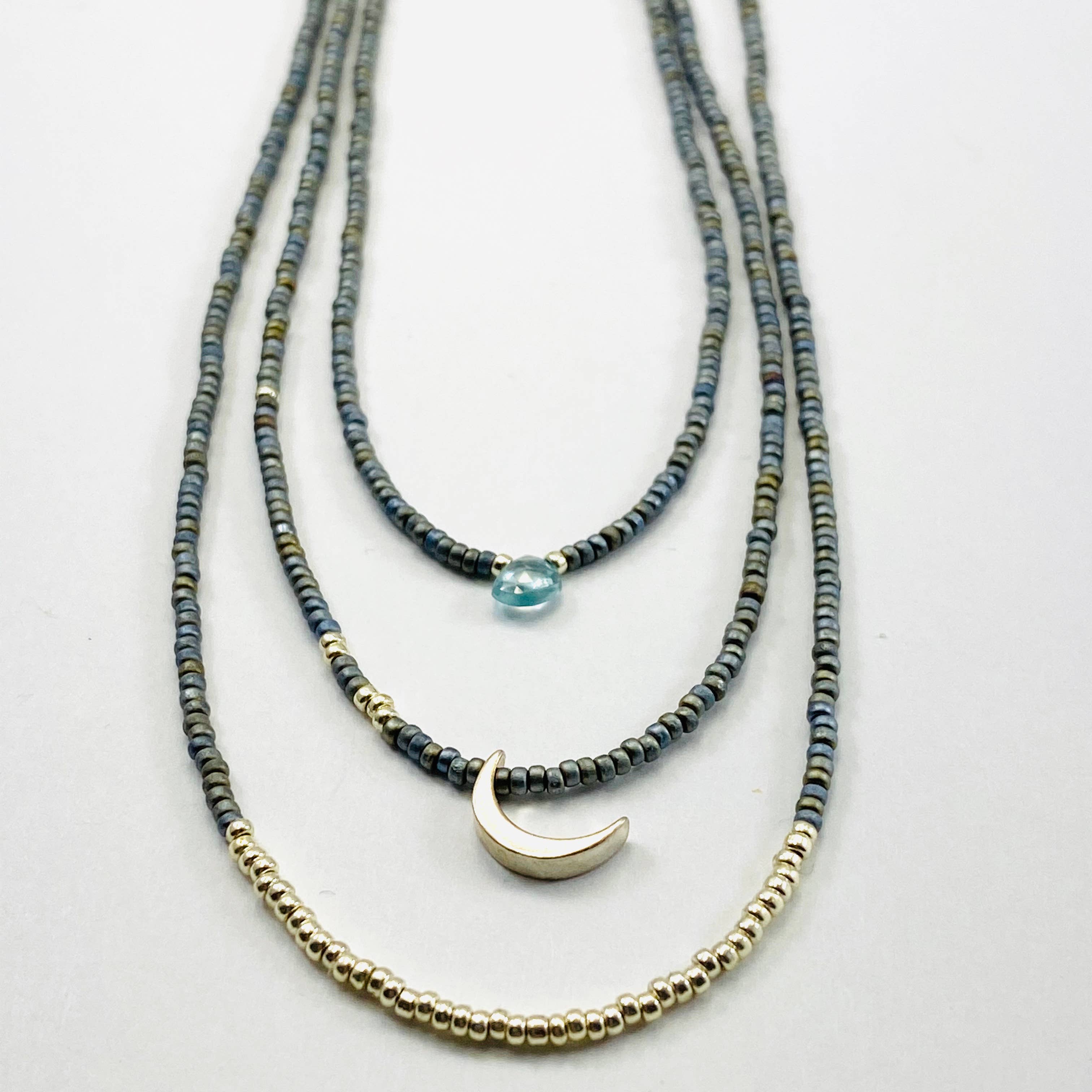 Sarah Crawford Handcrafted - Wholesale Jewelry Set - Grays Triple Beaded Necklace Set - Zircon & Silver Crescent2