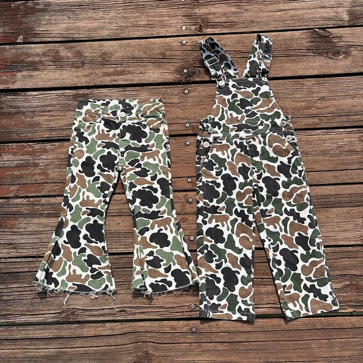 Aier Wholesale - Wholesale Jumpsuit - Kids - Sibling Boys Baby Girls Brown Camo Bell Denim Pants Jumpsuits2