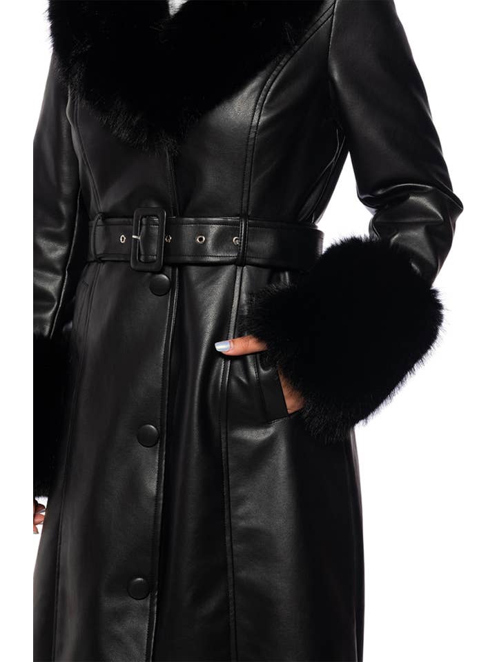 Azalea Wang - Wholesale Trench Coat - Women's - KAYA-BLACK FAUX LEATHER & FAUX FUR TRENCH COAT WITH BELT