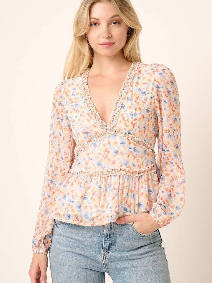 H14697-FLOWER PRINT CUT-OUT BACK DETAIL BLOUSE for wholesale by mittoshop