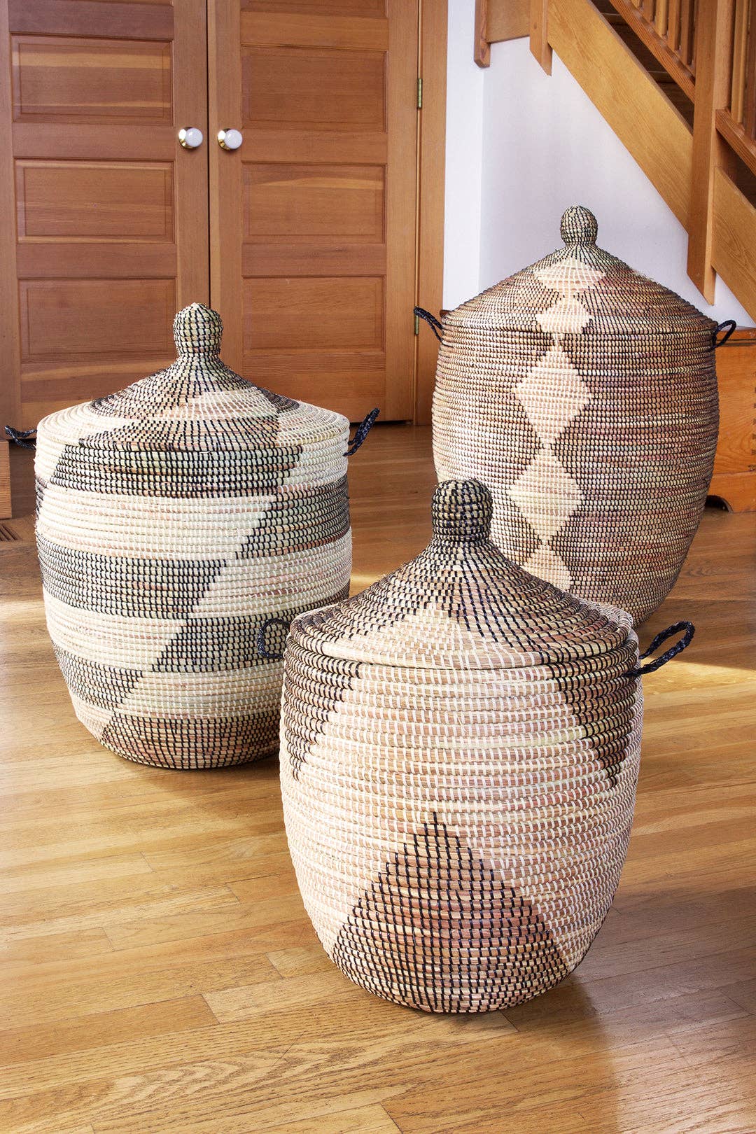 African Modern - Wholesale Basket - Set of Three Black and Beige Mixed Pattern Hampers7