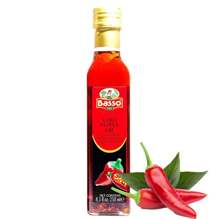 Wholesale Italian Food - Wholesale Olive Oil - Basso Spicy Chili Oil, Infused Premium Extra Virgin Olive Oil, 8.5 Fl Oz