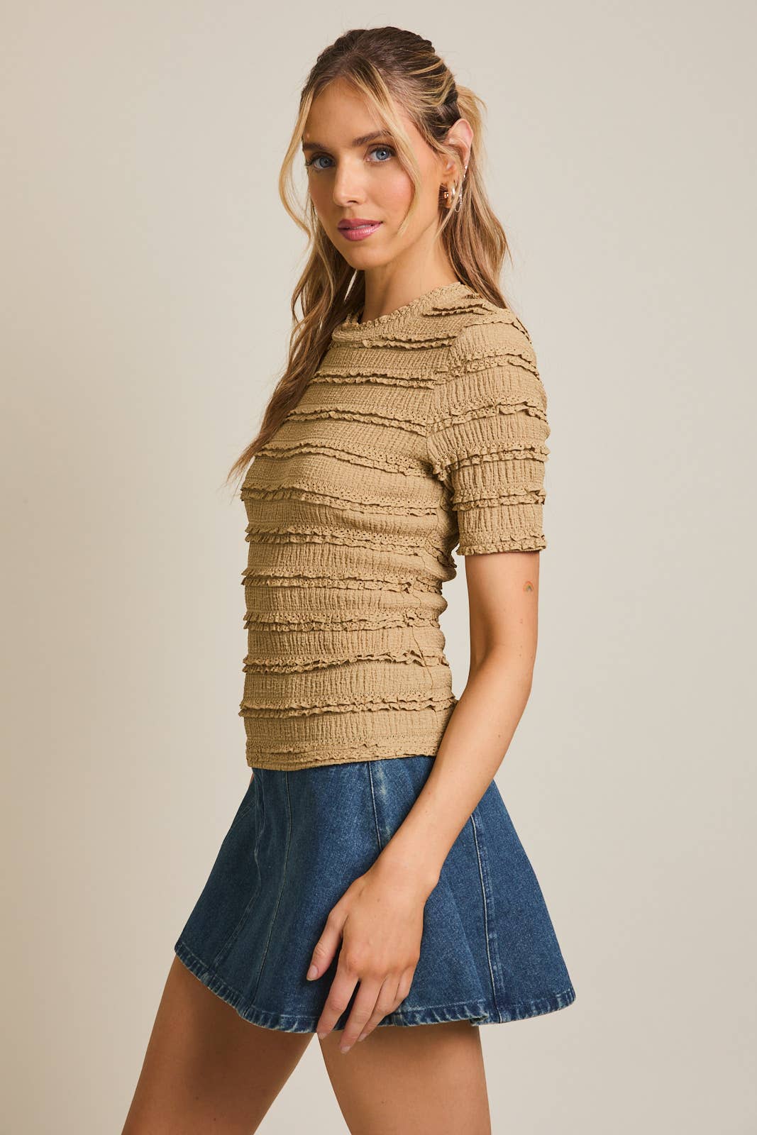 GILLI - Wholesale Blouse - Women's - STRIPE LACE MOCK NECK HALF SLEEVE LACE TOP2