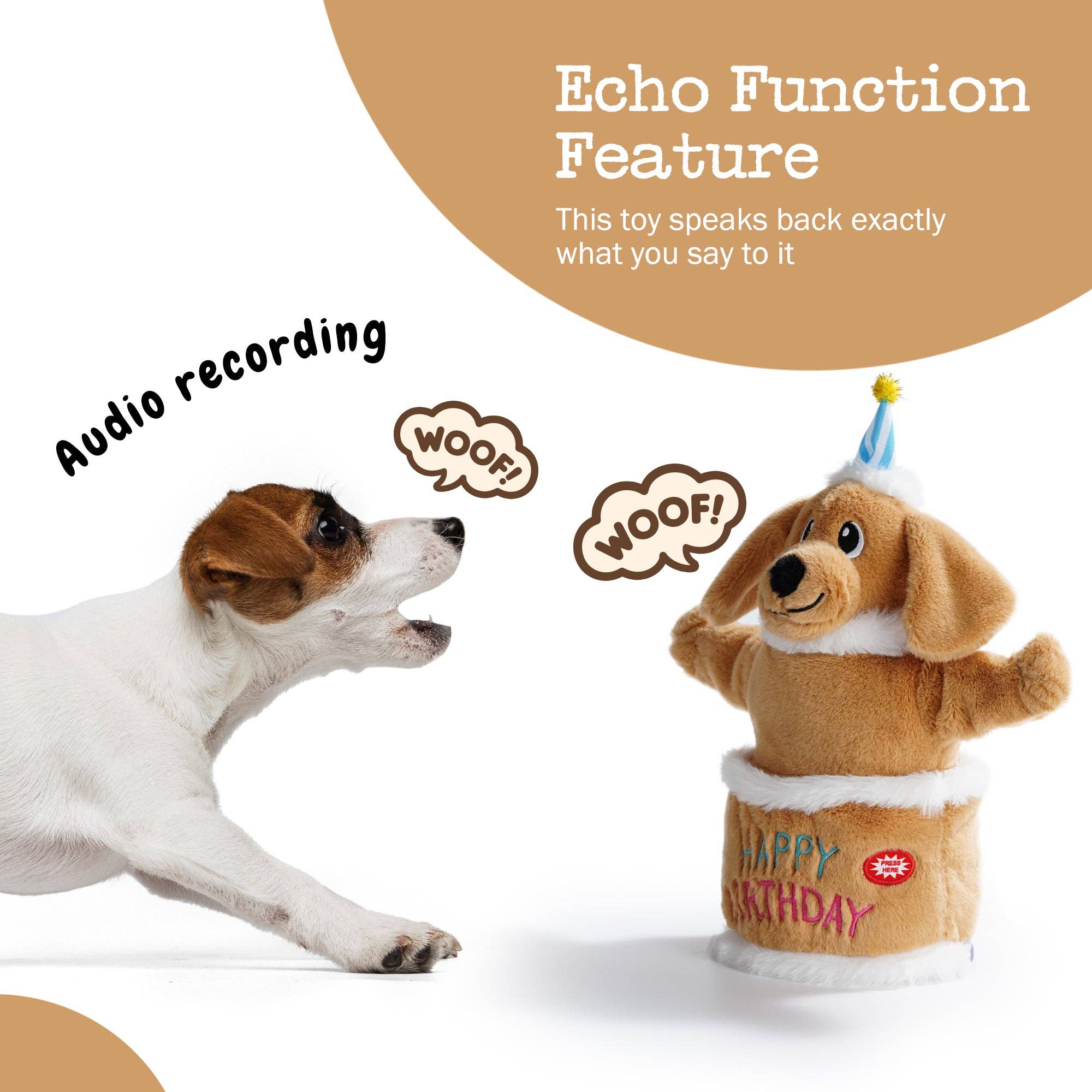 Nocciola – wholesale Pet plush toy – Dog – Fuzzwoof Singing and Dancing Birthday Cake Dog Toy8