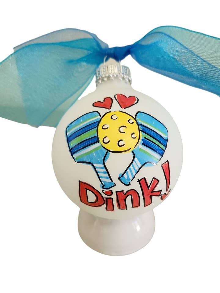 Pickle ball Hand Painted Glass Ball Ornament Blue stripes for wholesale by Kirsten in Color