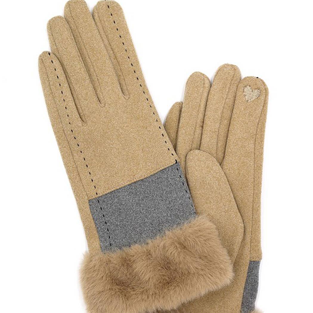 3AM BY H&D ACCESSORIES - Wholesale Gloves - Women's - Two Tone And Stitch Lines Faux Fur Cuff Smart Touch Gloves3