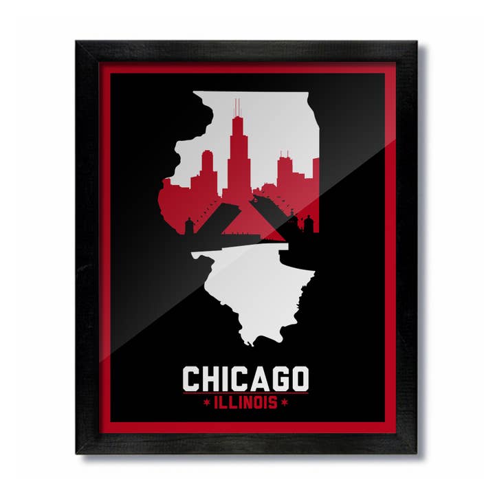 Imprimé Skyline de Chicago, Illinois : noir et rouge pour la vente par D&W Elements