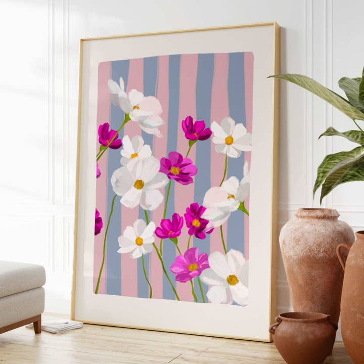 October Birth Flower Art Print, Pink and White Cosmos Floral for wholesale by Georgie King Designs