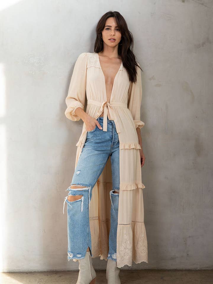 Natural Retro Boho Embroidered Ruffled Maxi Kimono Robe for wholesale on Faire