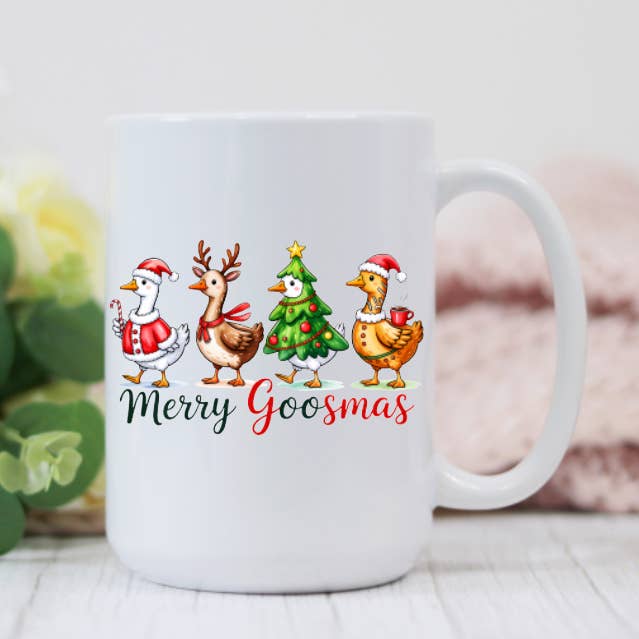 Merry Goosmas Christmas Geese 15oz Coffee Mug for wholesale by Prairie Chicken Sticker Shop & Gifts