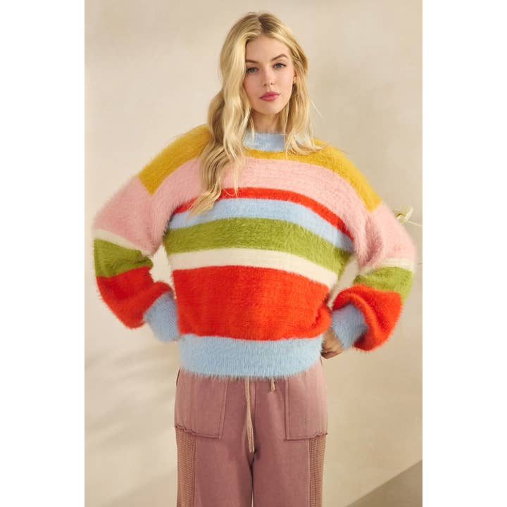 Multi FUZZY RAINBOW STRIPE PULLOVER SWEATER (ST7440) for wholesale on Faire6