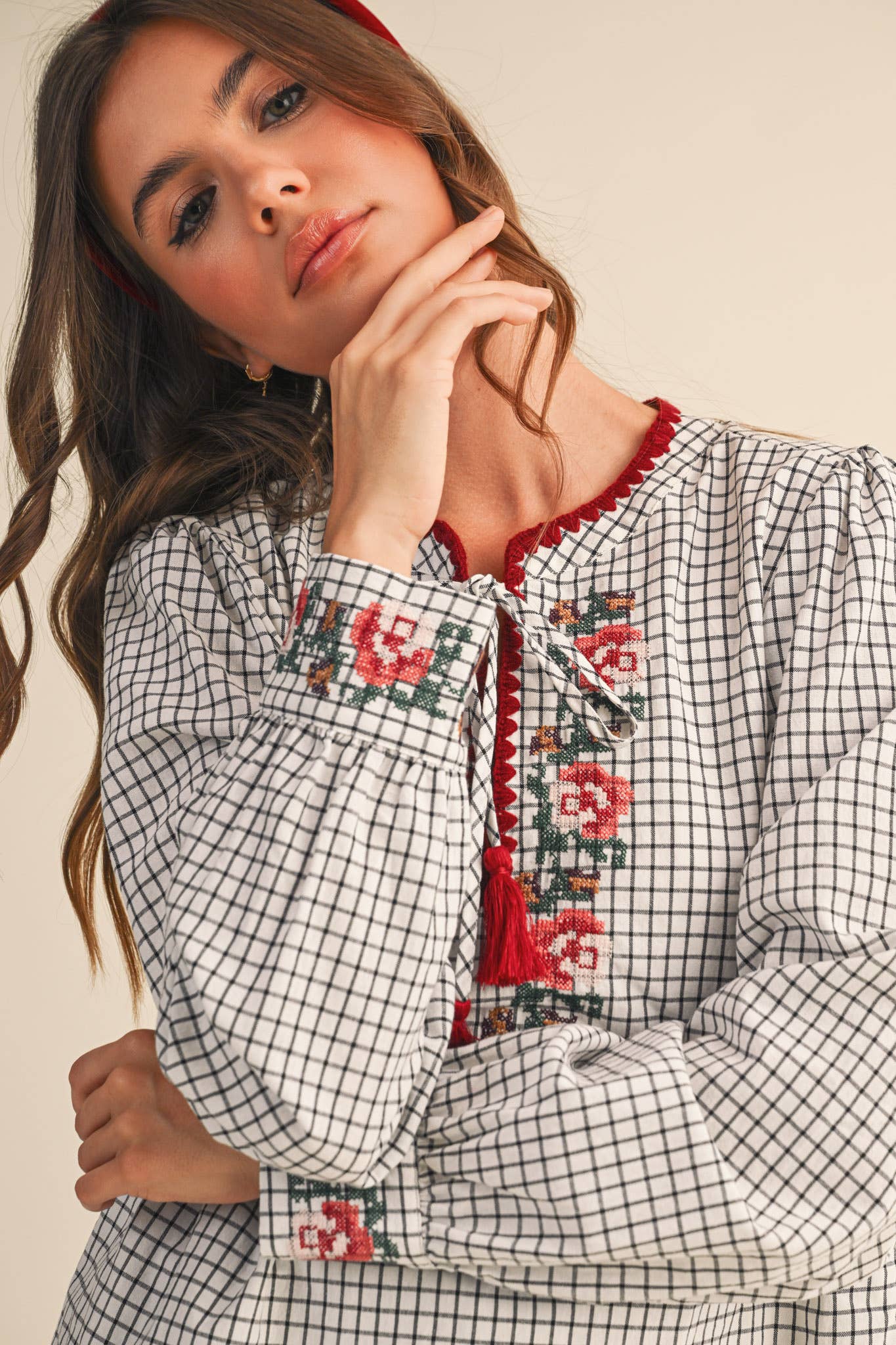 &MERCI - Wholesale Blouse - Women's - FLORAL CROSS STITCH EMBROIDERED CHECKERED TOP MTP41476