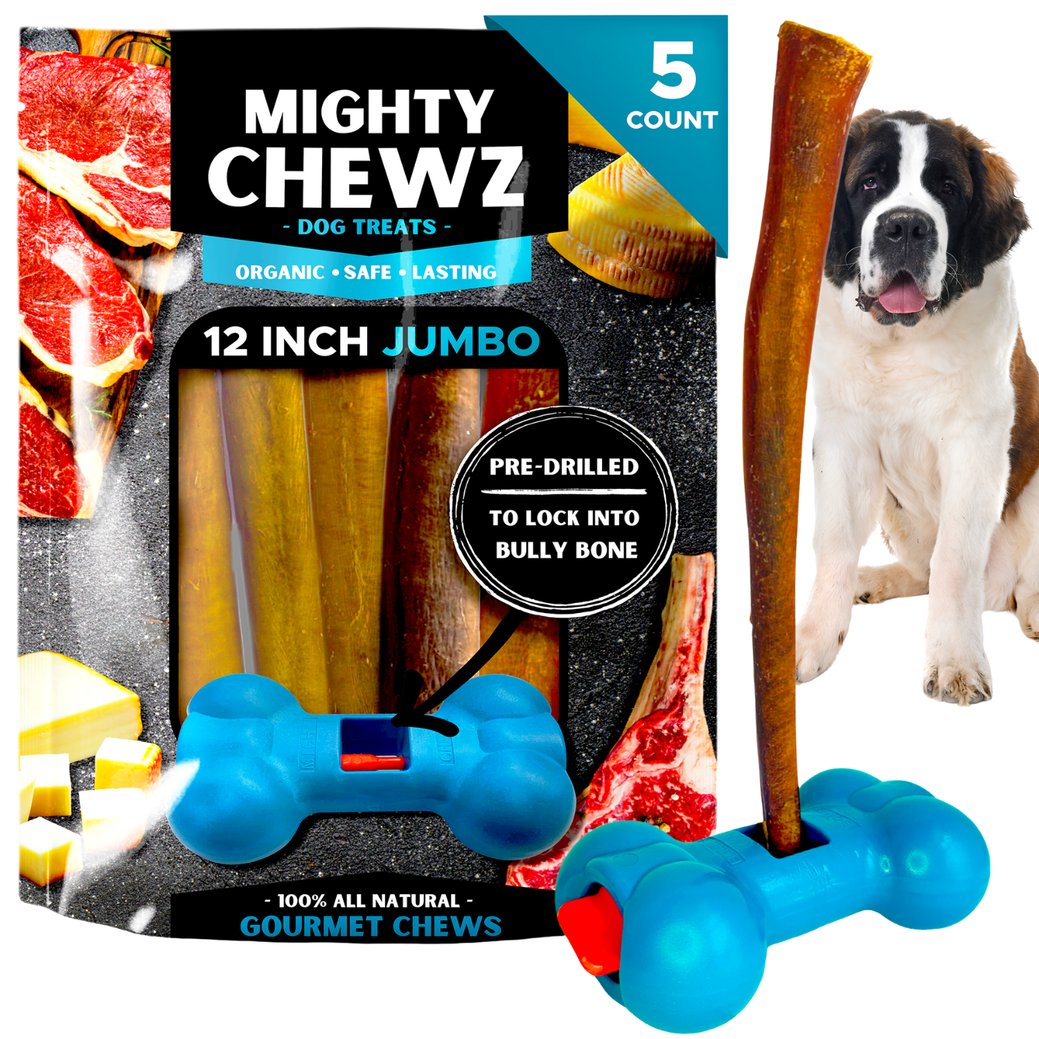 Mighty Chewz - Wholesale Pet Treats - Dog - 12" Jumbo Bully Sticks - Bully Bone Included0